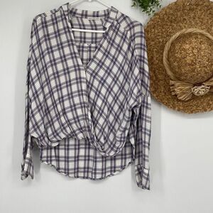 South Moon Under Plaid Faux Wrap Top Dolman Sleeve High-Lo Blue Cream‎ Small